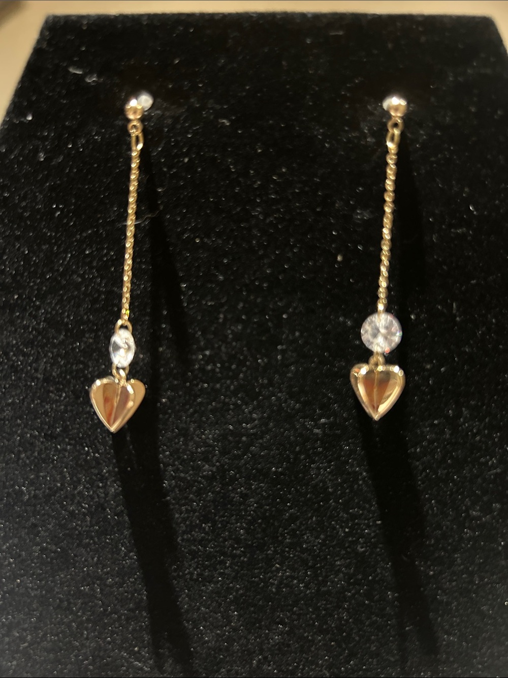 Delicate Gold color Heart Drop Earrings with Clear Stone Accents